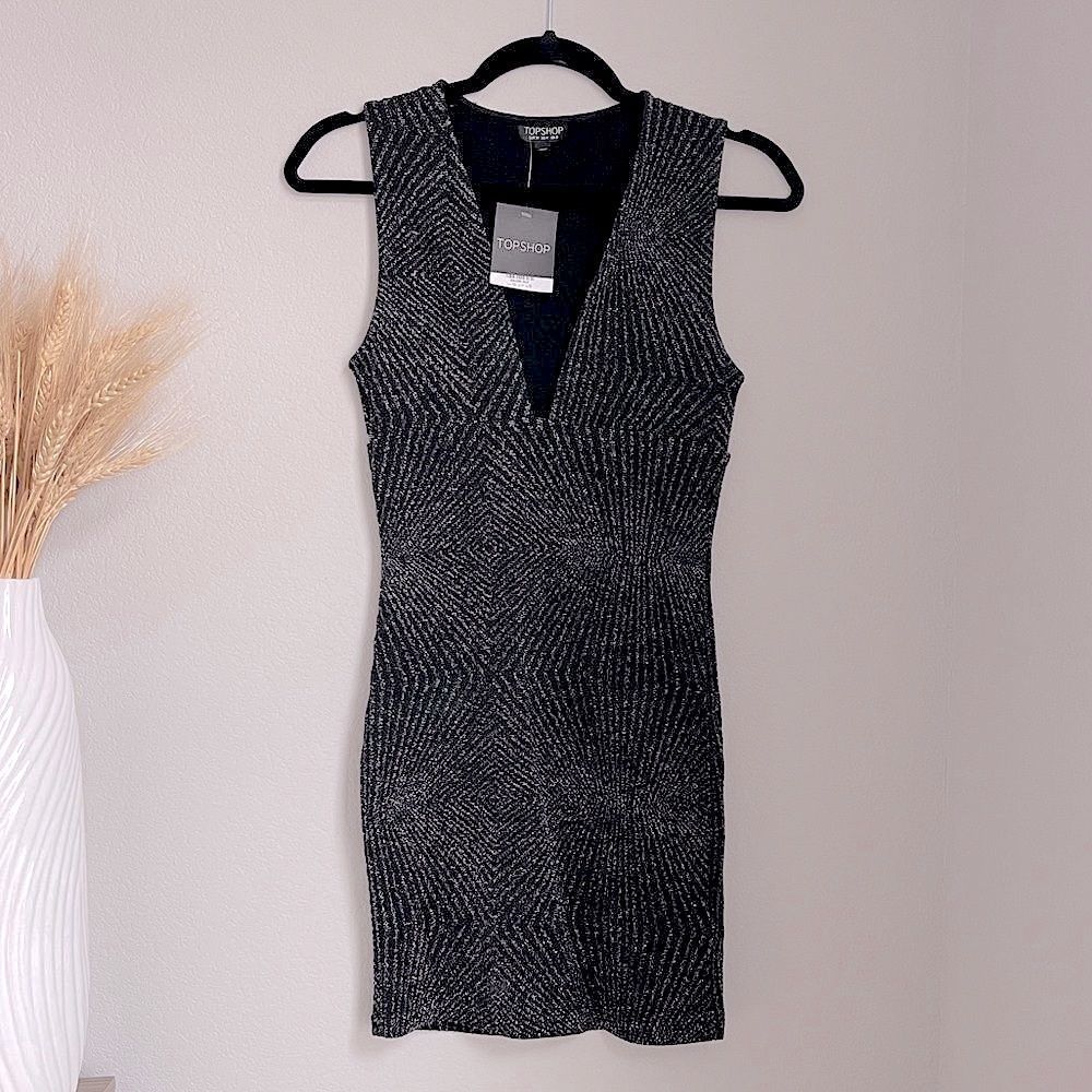 TOPSHOP Black & Silver Glitter Mini Bodycon Dress - Size 4